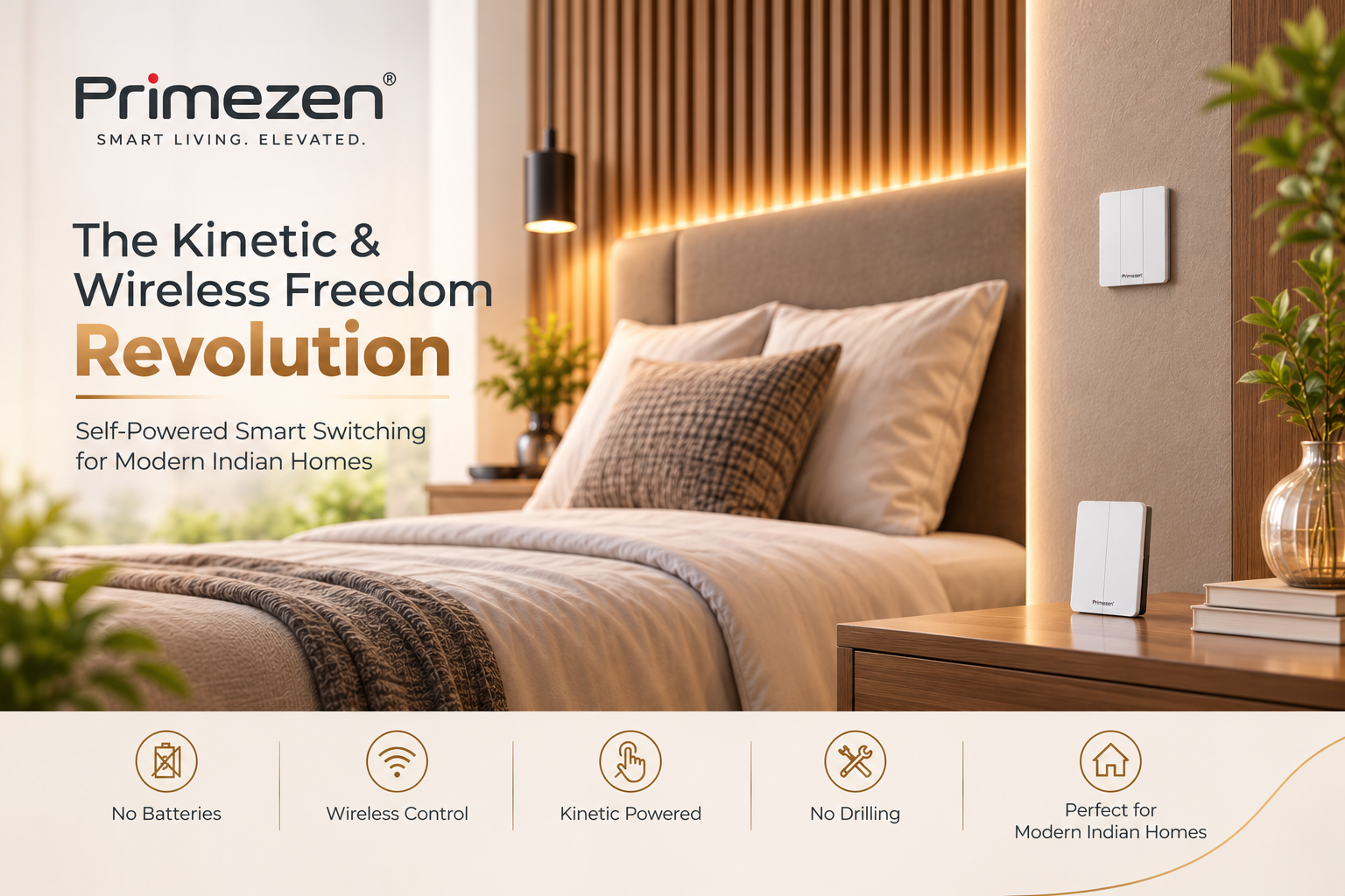 Primezen battery-free kinetic wireless switch for an Indian home